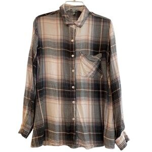 CHARLOTTE RUSSE Shirt Plaid Pastel Pink Cream Gray Black Button Up Women’s Large